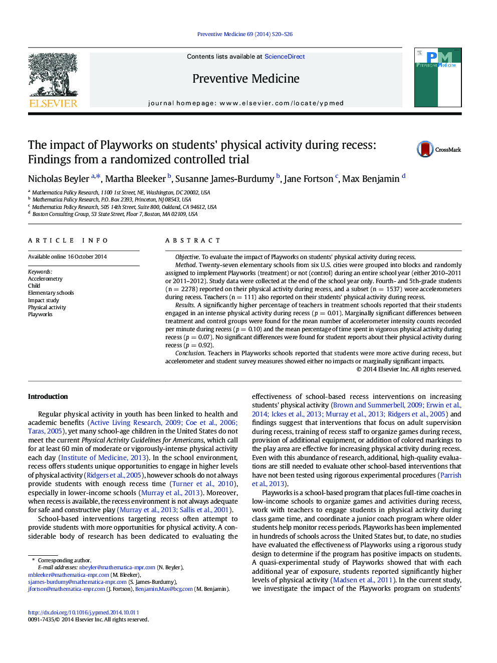 The impact of Playworks on students' physical activity during recess: Findings from a randomized controlled trial