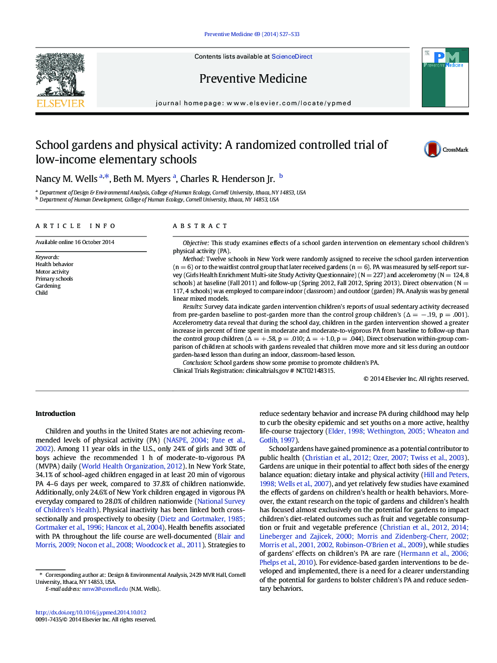 School gardens and physical activity: A randomized controlled trial of low-income elementary schools