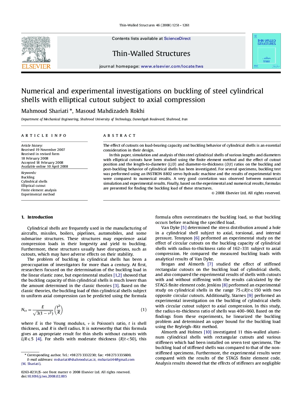 Numerical and experimental investigations on buckling of steel cylindrical shells with elliptical cutout subject to axial compression