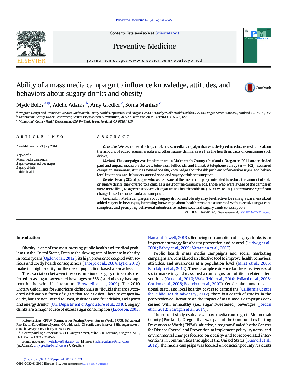 Ability of a mass media campaign to influence knowledge, attitudes, and behaviors about sugary drinks and obesity