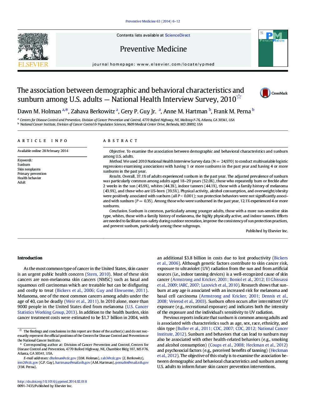 The association between demographic and behavioral characteristics and sunburn among U.S. adults — National Health Interview Survey, 2010 