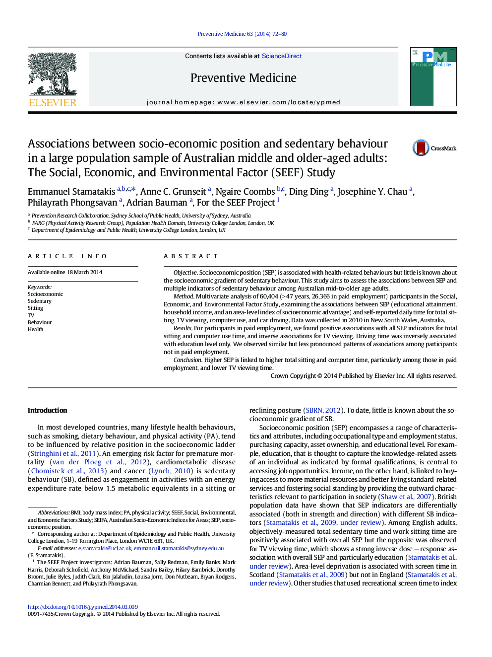 Associations between socio-economic position and sedentary behaviour in a large population sample of Australian middle and older-aged adults: The Social, Economic, and Environmental Factor (SEEF) Study