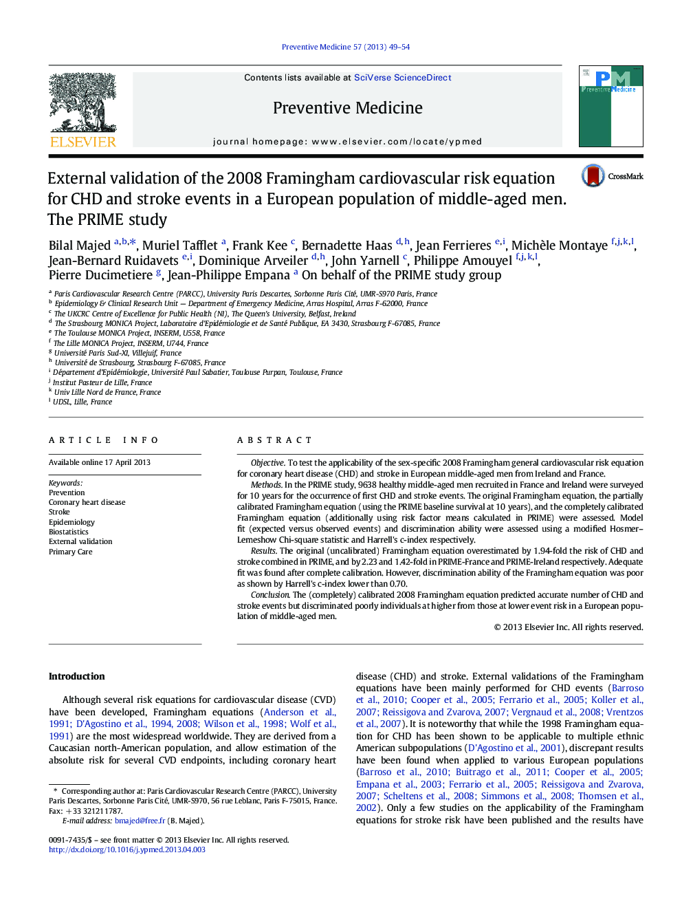 External validation of the 2008 Framingham cardiovascular risk equation for CHD and stroke events in a European population of middle-aged men. The PRIME study