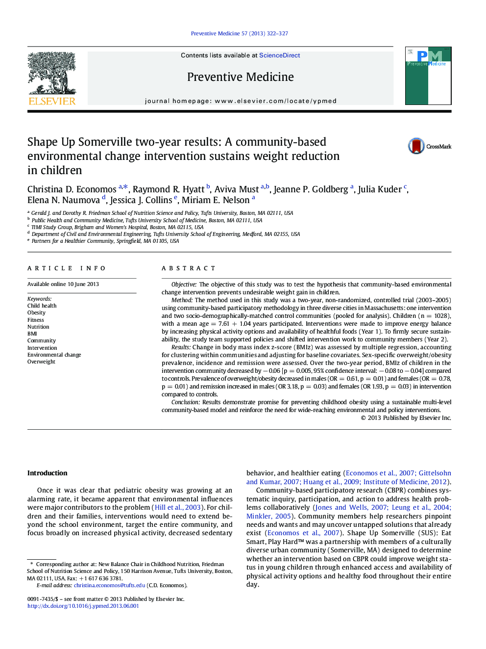 Shape Up Somerville two-year results: A community-based environmental change intervention sustains weight reduction in children