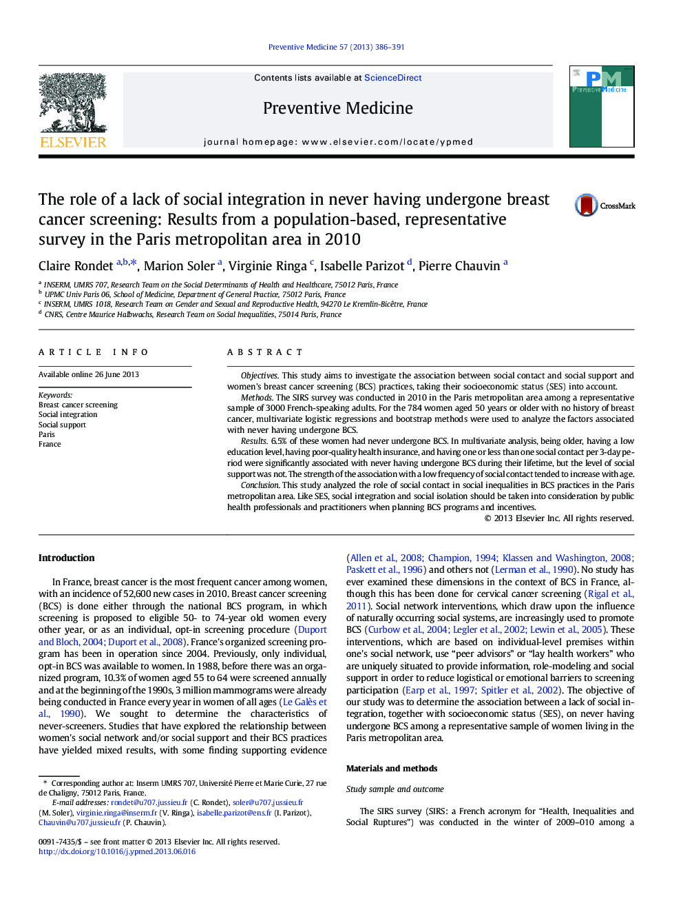 The role of a lack of social integration in never having undergone breast cancer screening: Results from a population-based, representative survey in the Paris metropolitan area in 2010