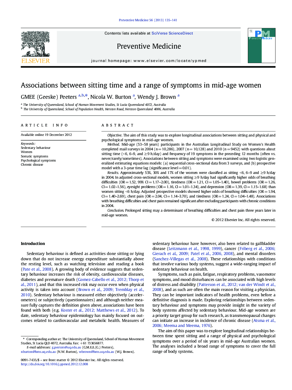 Associations between sitting time and a range of symptoms in mid-age women