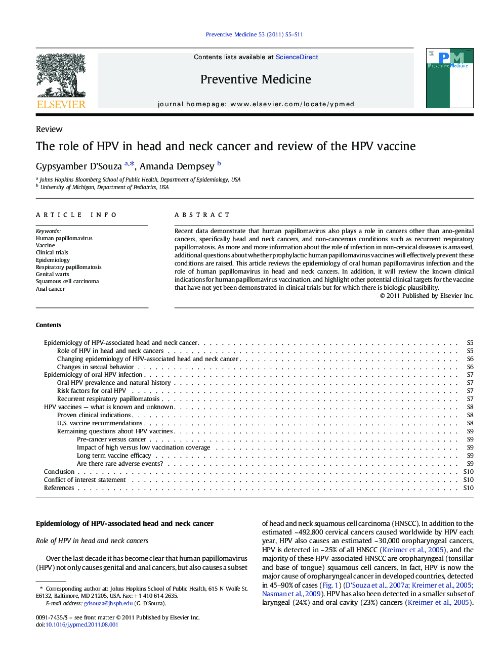 The role of HPV in head and neck cancer and review of the HPV vaccine