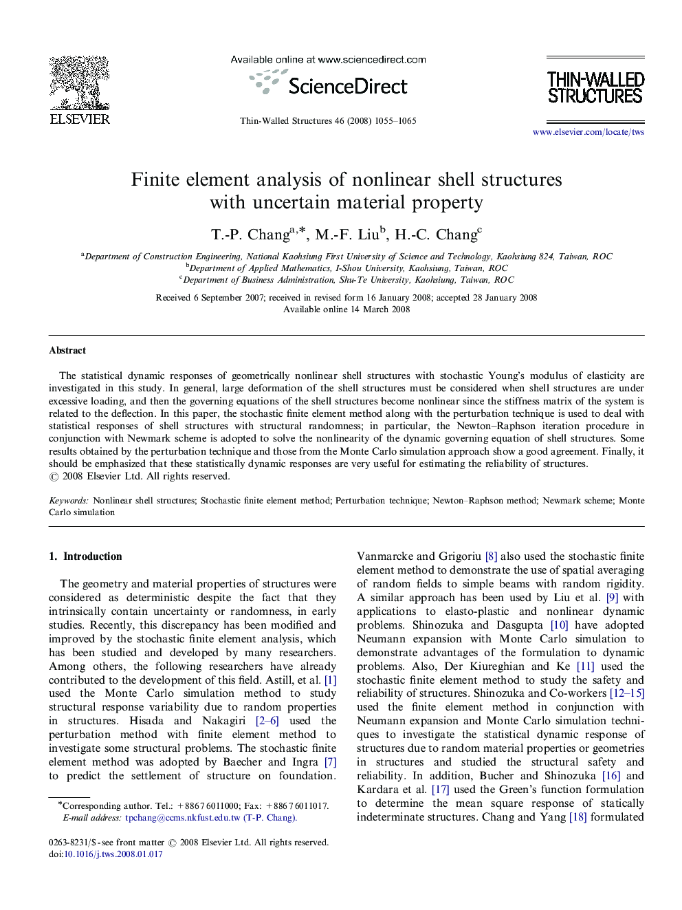 Finite element analysis of nonlinear shell structures with uncertain material property