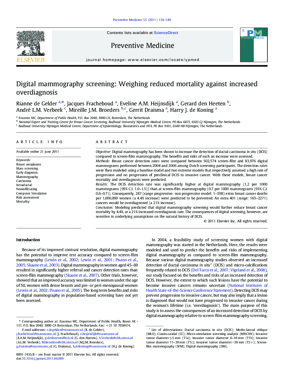 Digital mammography screening: Weighing reduced mortality against increased overdiagnosis