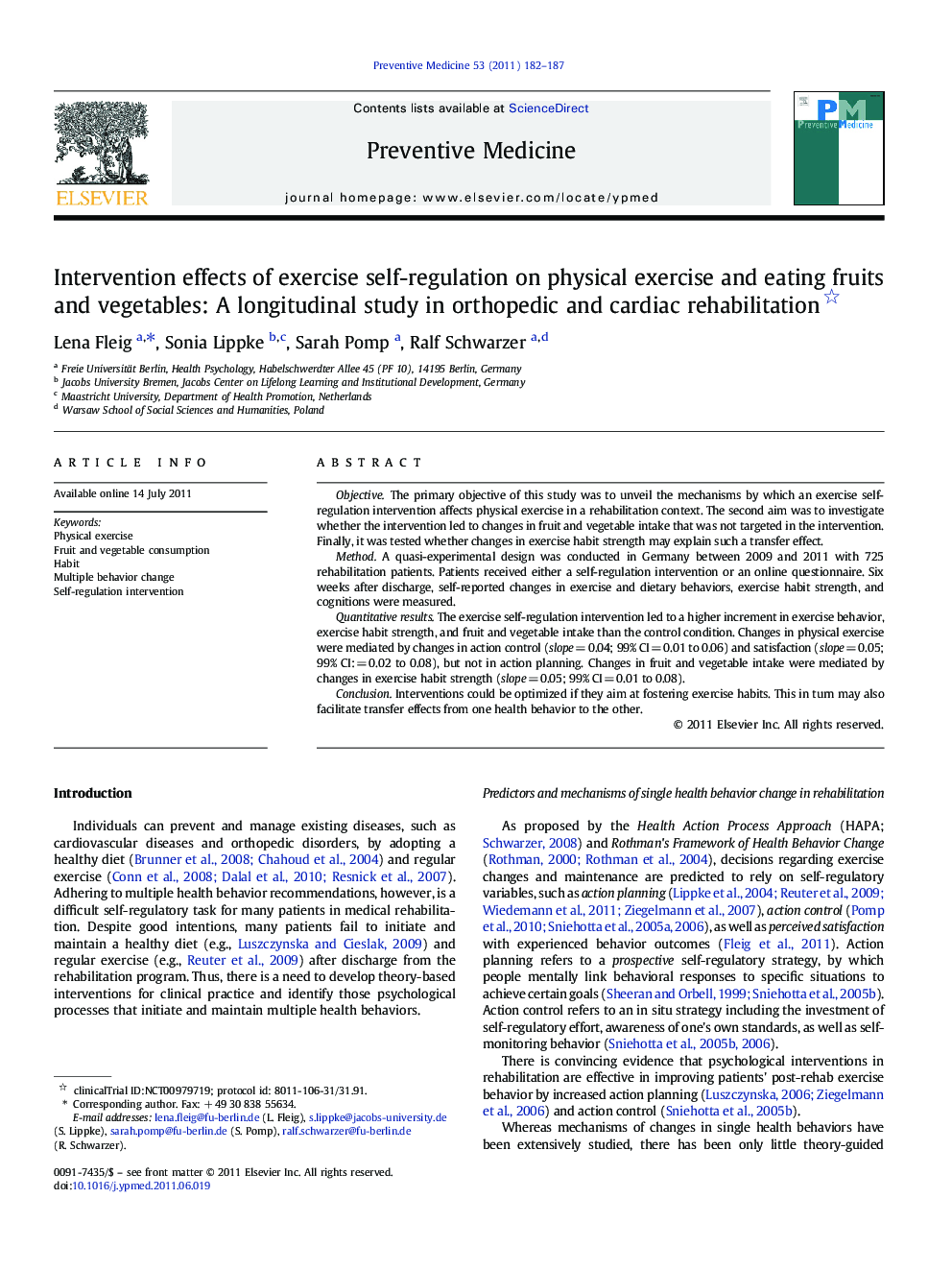 Intervention effects of exercise self-regulation on physical exercise and eating fruits and vegetables: A longitudinal study in orthopedic and cardiac rehabilitation 