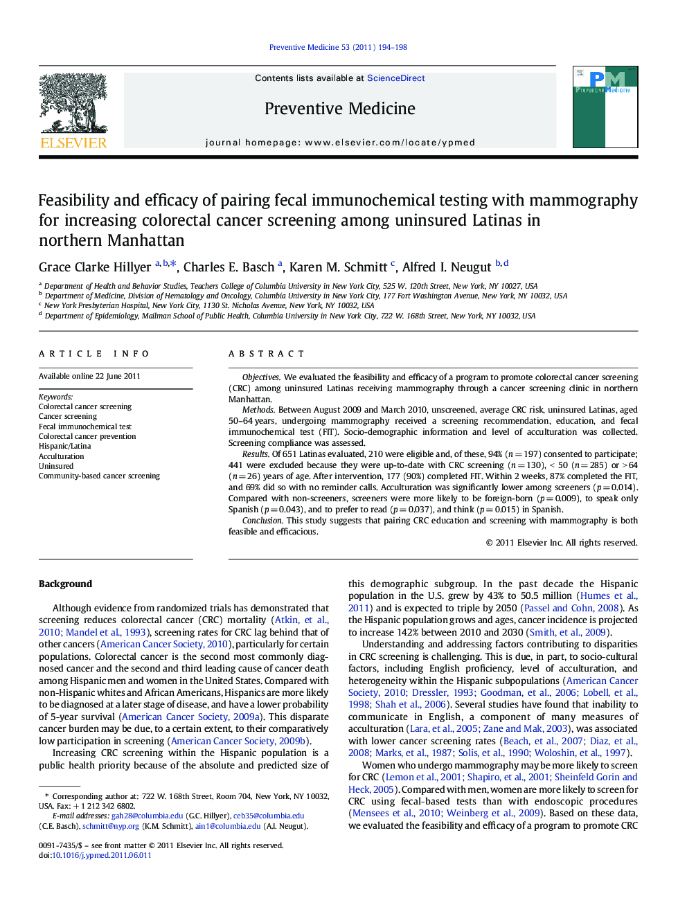 Feasibility and efficacy of pairing fecal immunochemical testing with mammography for increasing colorectal cancer screening among uninsured Latinas in northern Manhattan