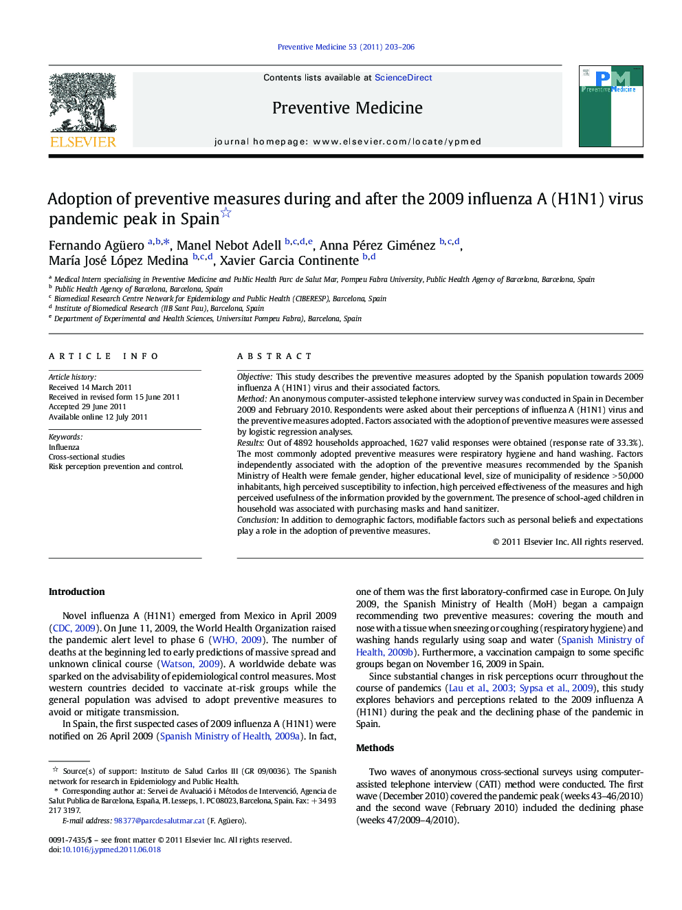 Adoption of preventive measures during and after the 2009 influenza A (H1N1) virus pandemic peak in Spain 