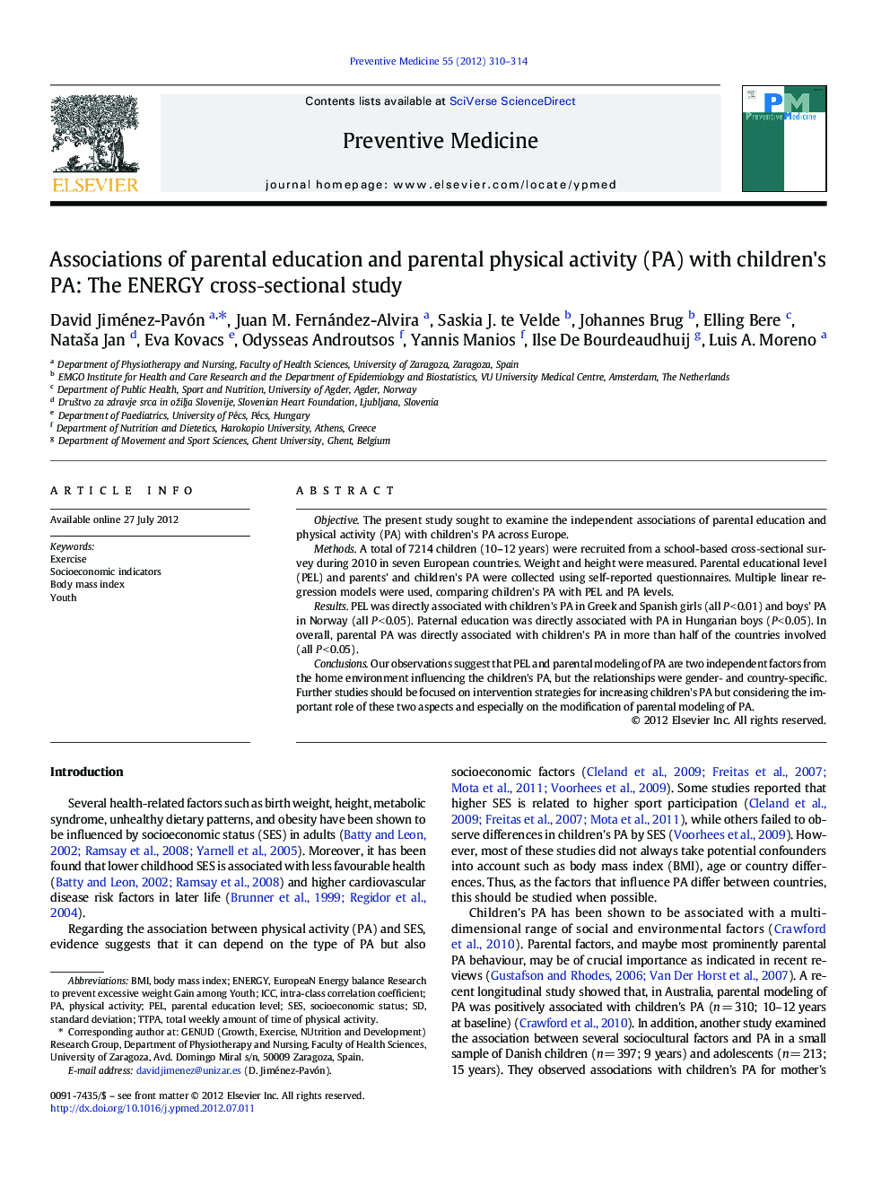 Associations of parental education and parental physical activity (PA) with children's PA: The ENERGY cross‐sectional study