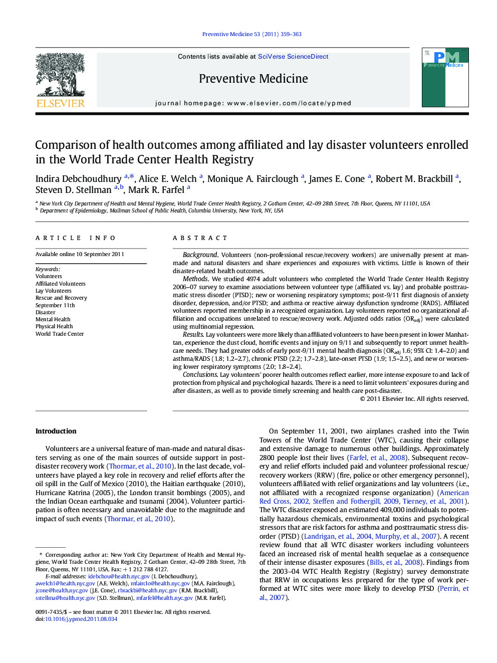 Comparison of health outcomes among affiliated and lay disaster volunteers enrolled in the World Trade Center Health Registry