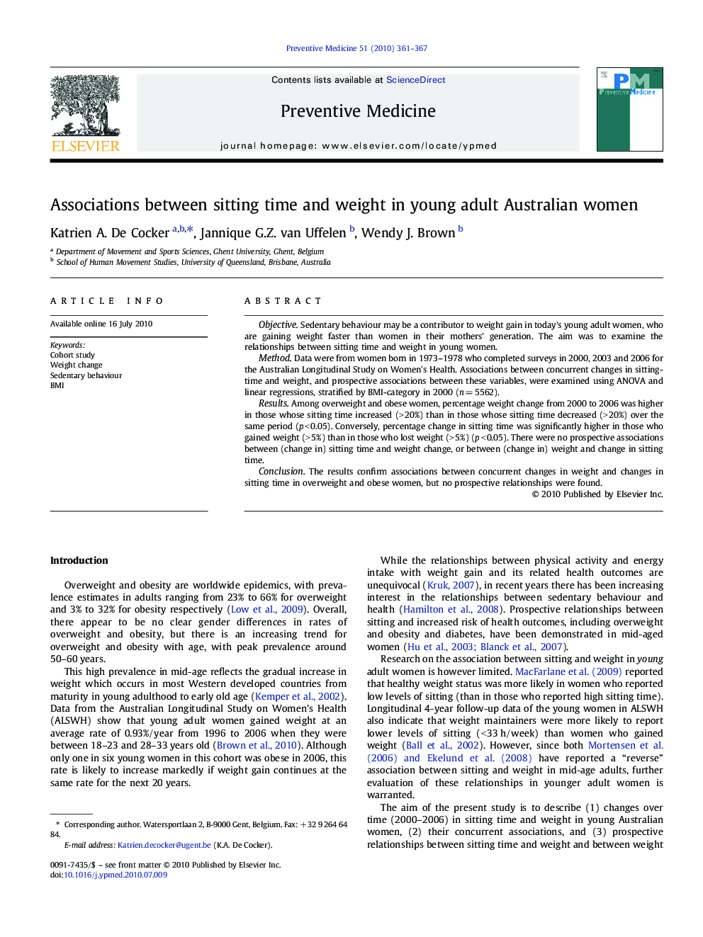 Associations between sitting time and weight in young adult Australian women