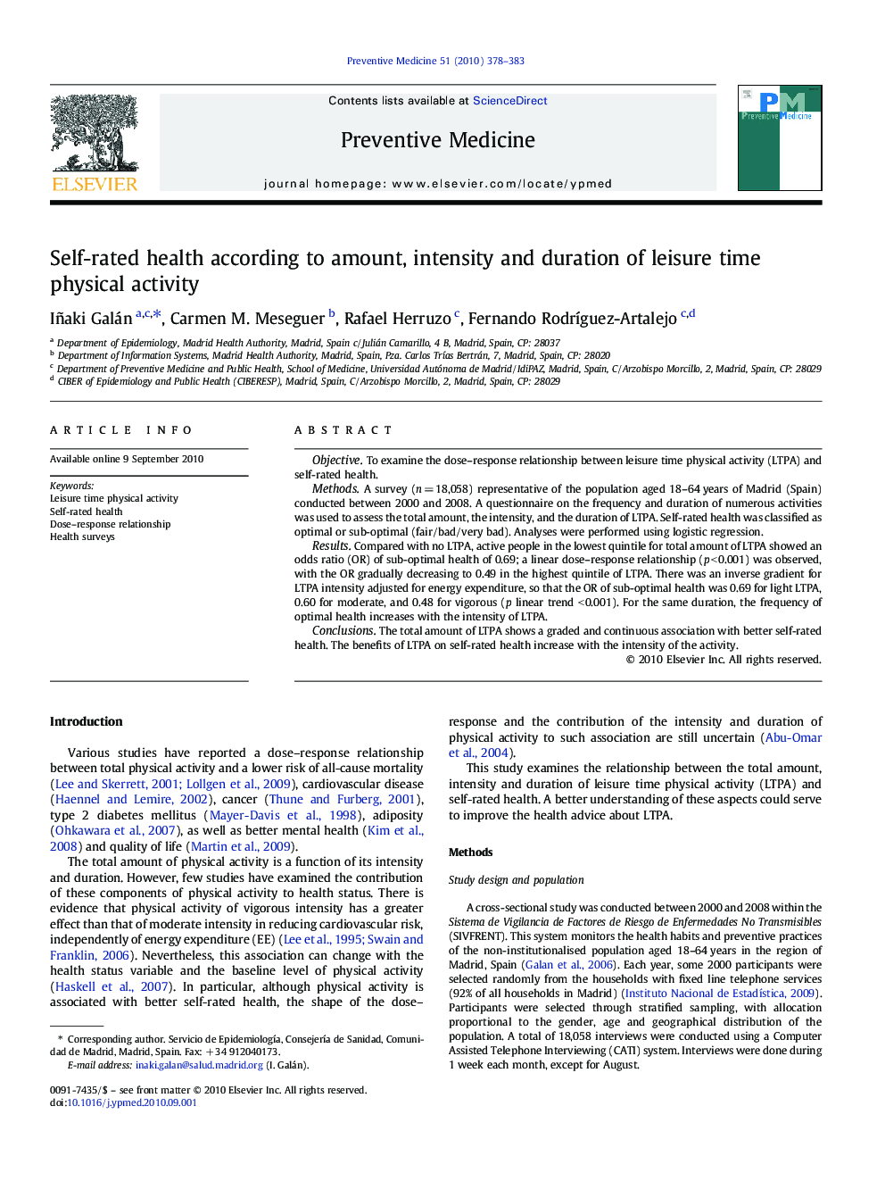 Self-rated health according to amount, intensity and duration of leisure time physical activity