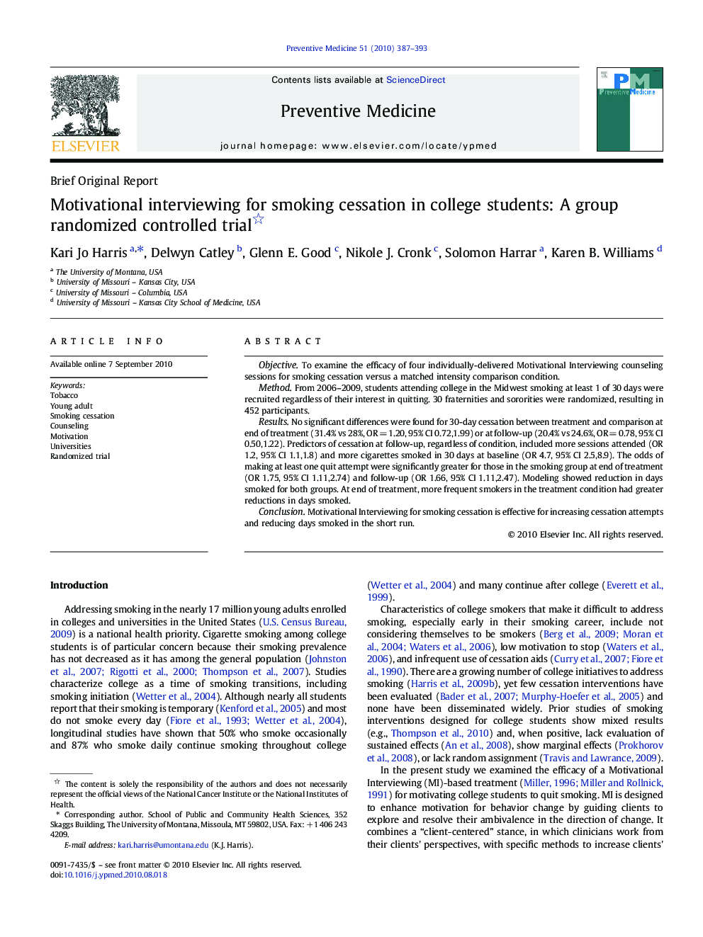 Motivational interviewing for smoking cessation in college students: A group randomized controlled trial 