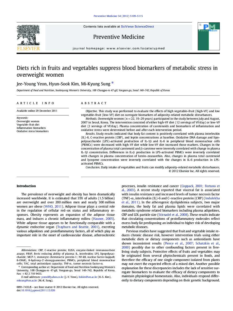 Diets rich in fruits and vegetables suppress blood biomarkers of metabolic stress in overweight women