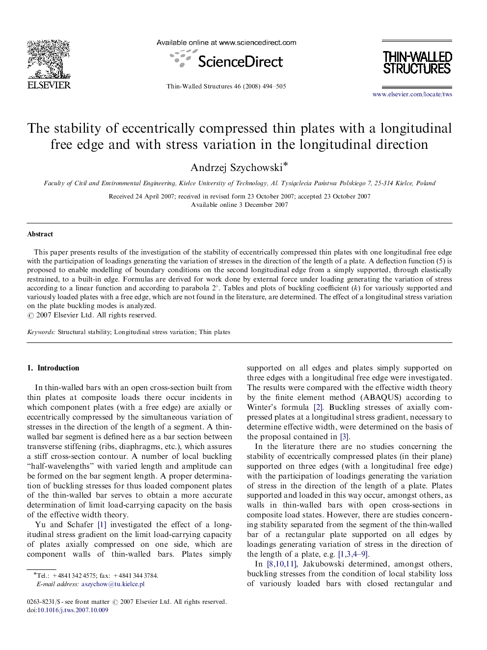 The stability of eccentrically compressed thin plates with a longitudinal free edge and with stress variation in the longitudinal direction