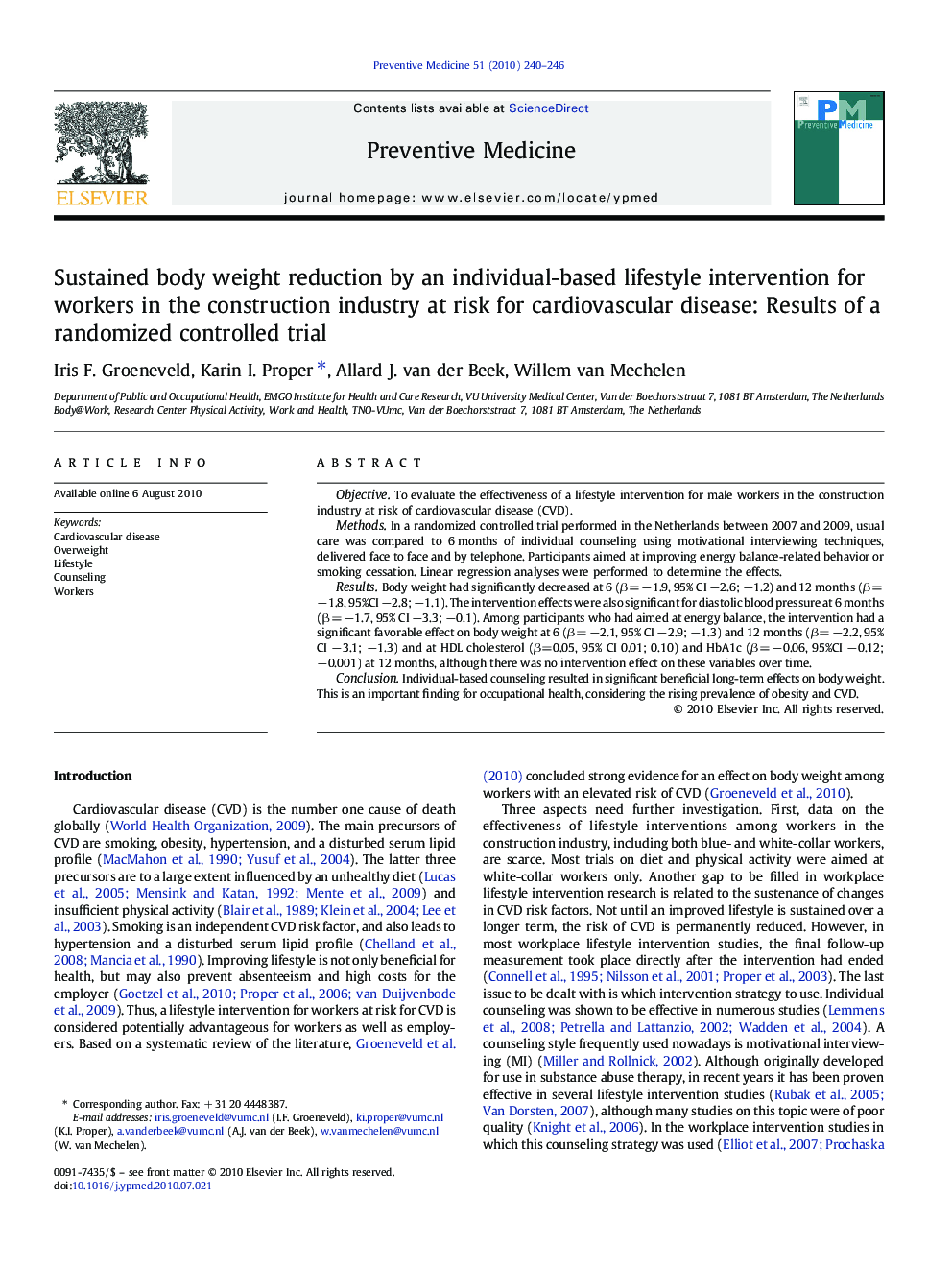 Sustained body weight reduction by an individual-based lifestyle intervention for workers in the construction industry at risk for cardiovascular disease: Results of a randomized controlled trial