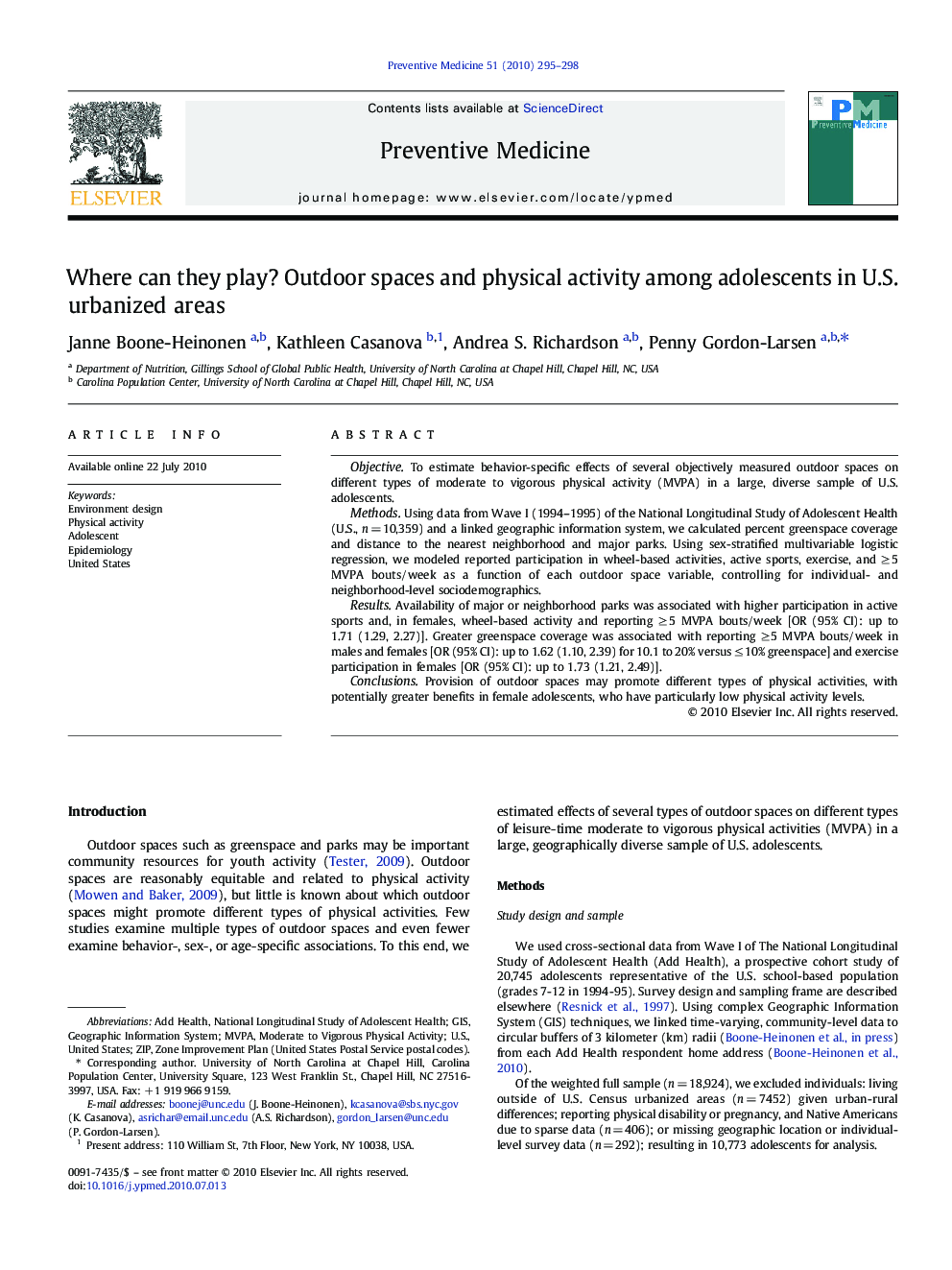 Where can they play? Outdoor spaces and physical activity among adolescents in U.S. urbanized areas