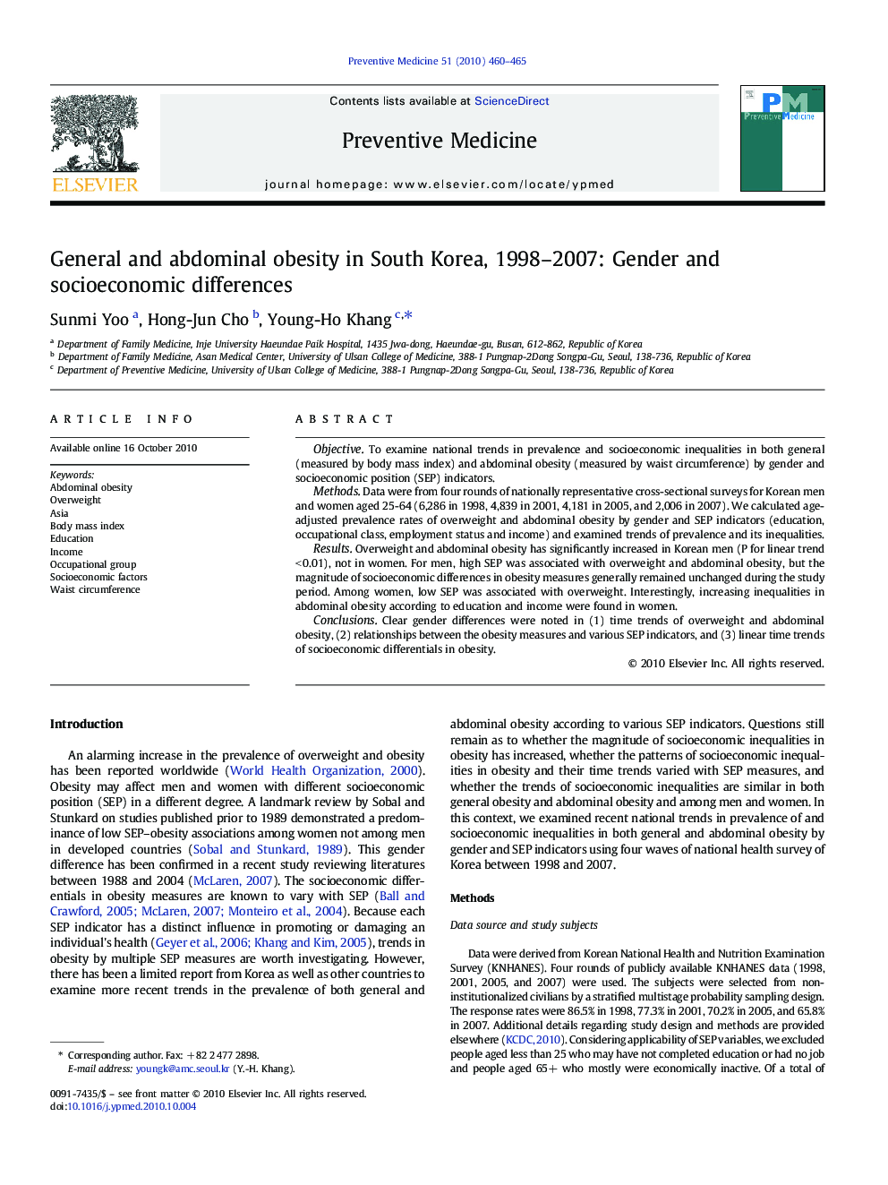 General and abdominal obesity in South Korea, 1998–2007: Gender and socioeconomic differences