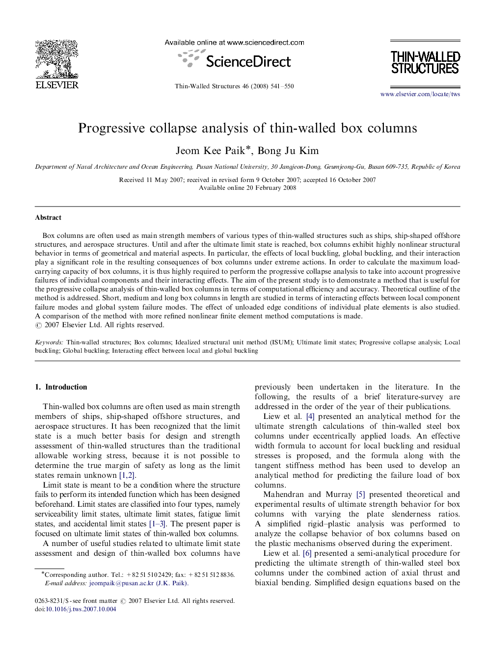 Progressive collapse analysis of thin-walled box columns