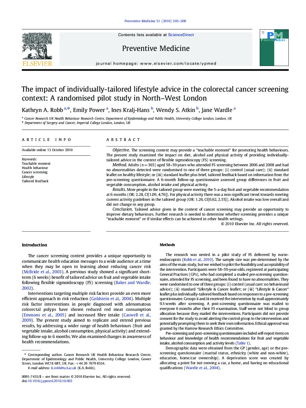 The impact of individually-tailored lifestyle advice in the colorectal cancer screening context: A randomised pilot study in North–West London