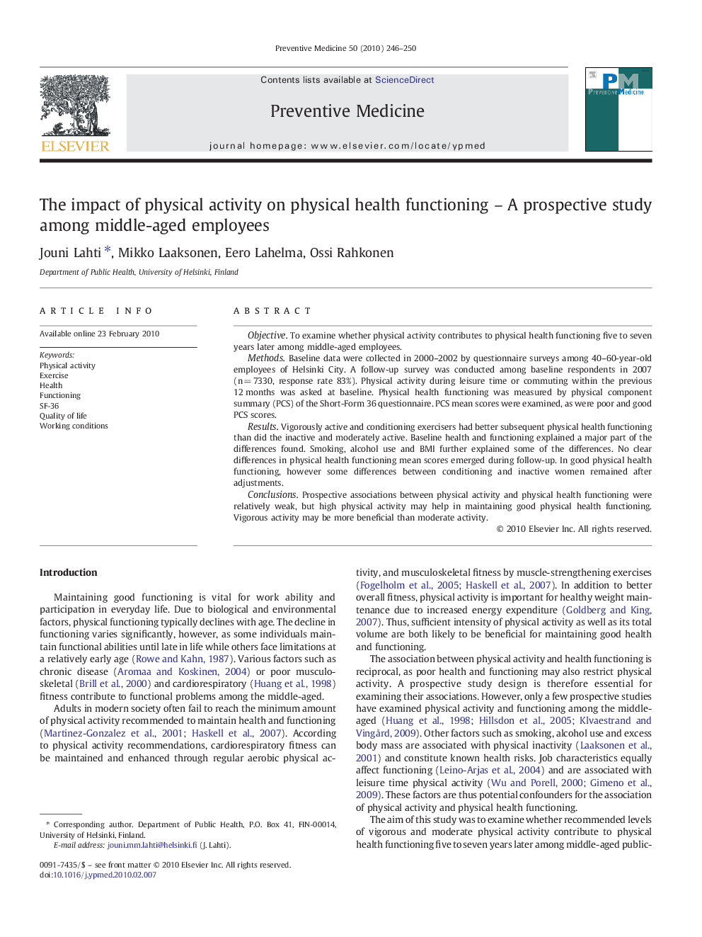 The impact of physical activity on physical health functioning – A prospective study among middle-aged employees