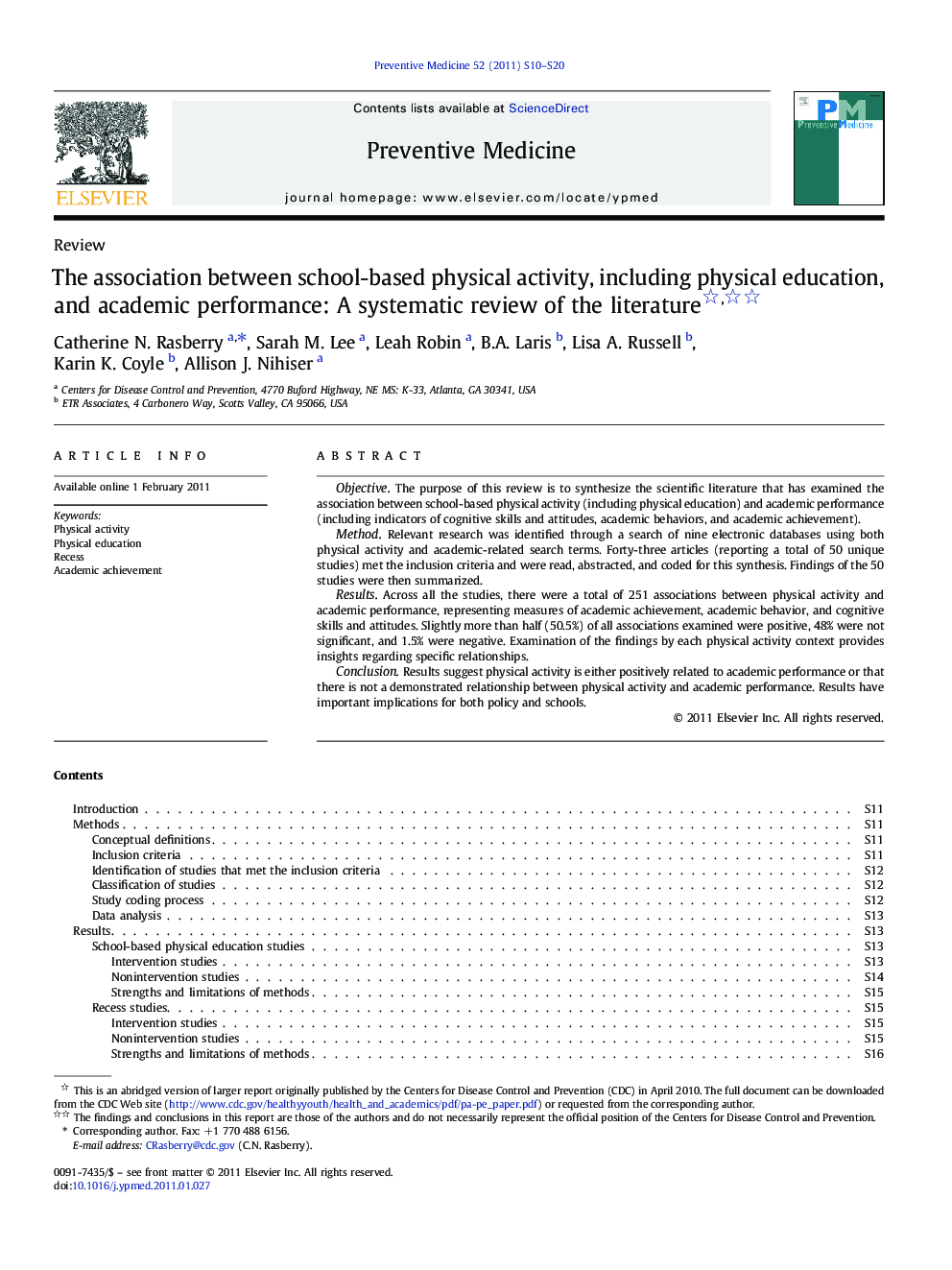 The association between school-based physical activity, including physical education, and academic performance: A systematic review of the literature 