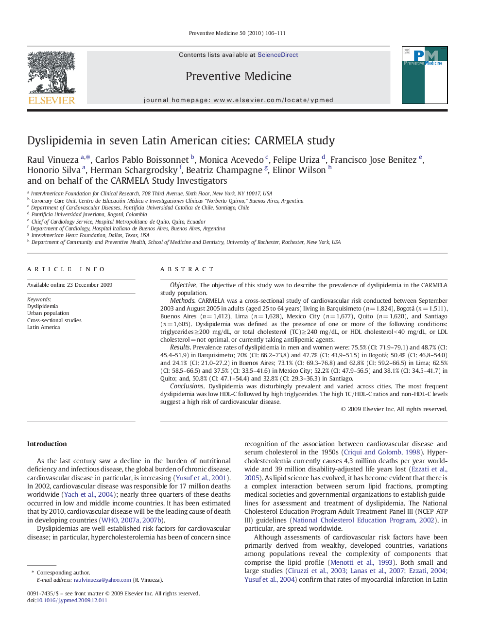 Dyslipidemia in seven Latin American cities: CARMELA study