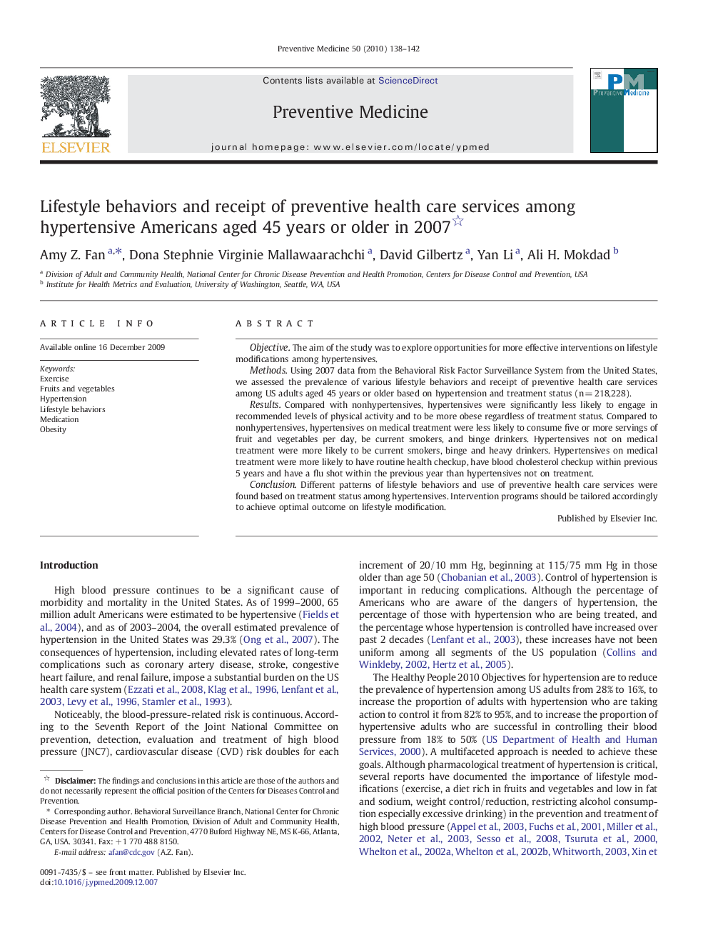 Lifestyle behaviors and receipt of preventive health care services among hypertensive Americans aged 45 years or older in 2007 