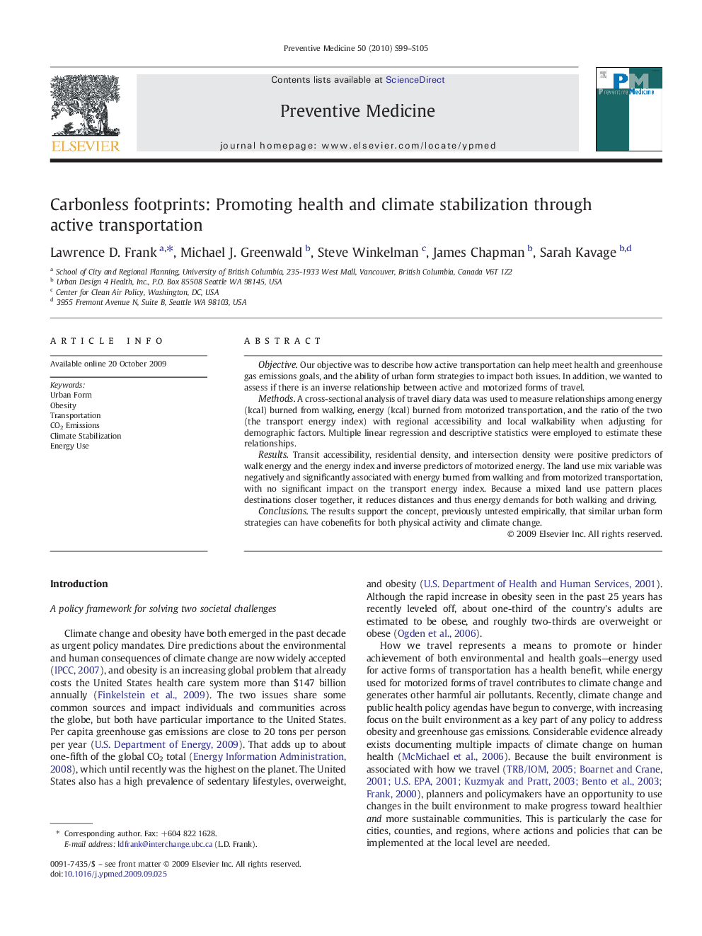 Carbonless footprints: Promoting health and climate stabilization through active transportation