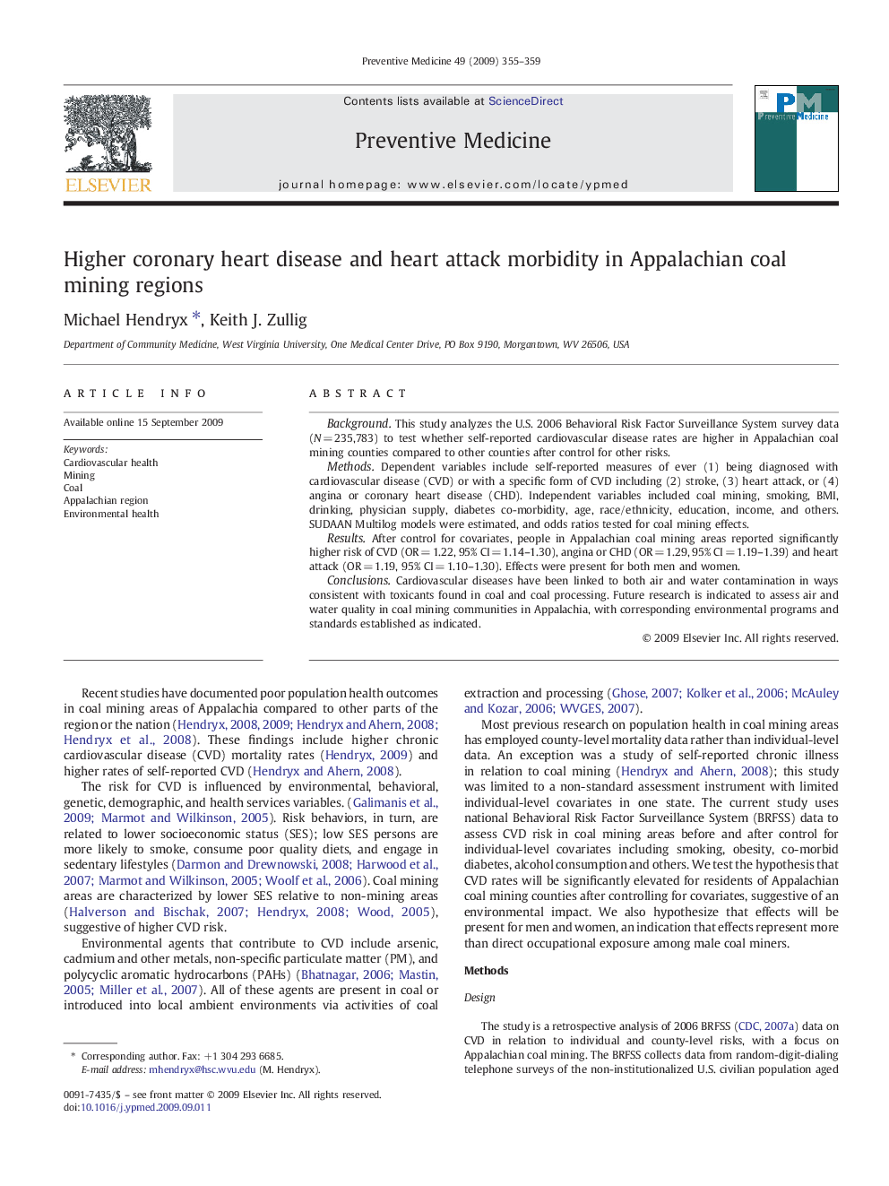 Higher coronary heart disease and heart attack morbidity in Appalachian coal mining regions