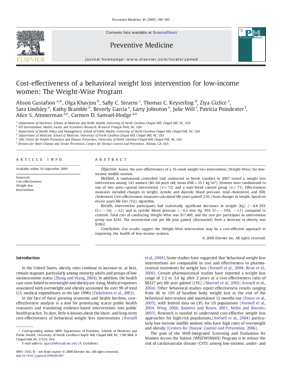 Cost-effectiveness of a behavioral weight loss intervention for low-income women: The Weight-Wise Program