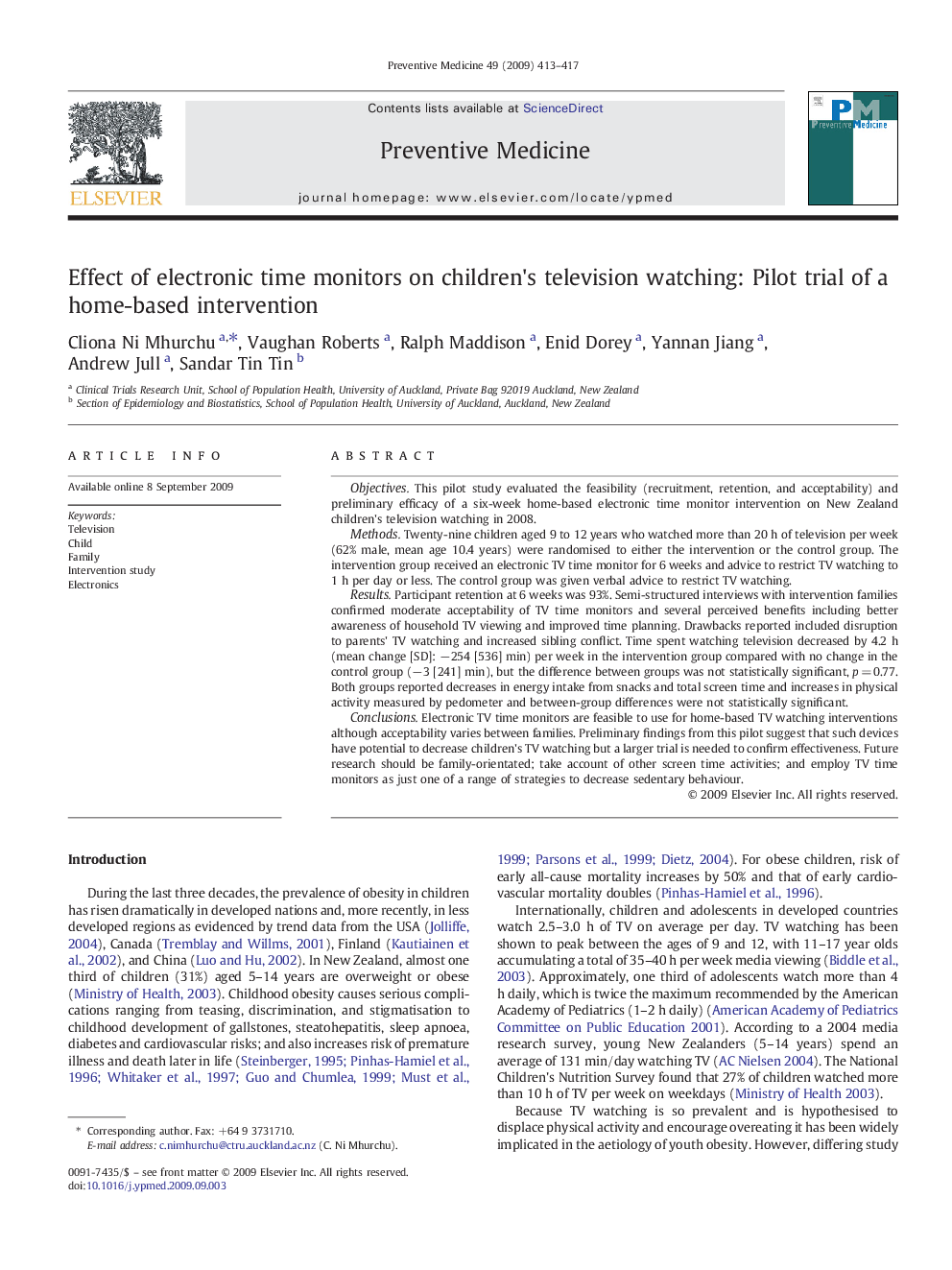 Effect of electronic time monitors on children's television watching: Pilot trial of a home-based intervention