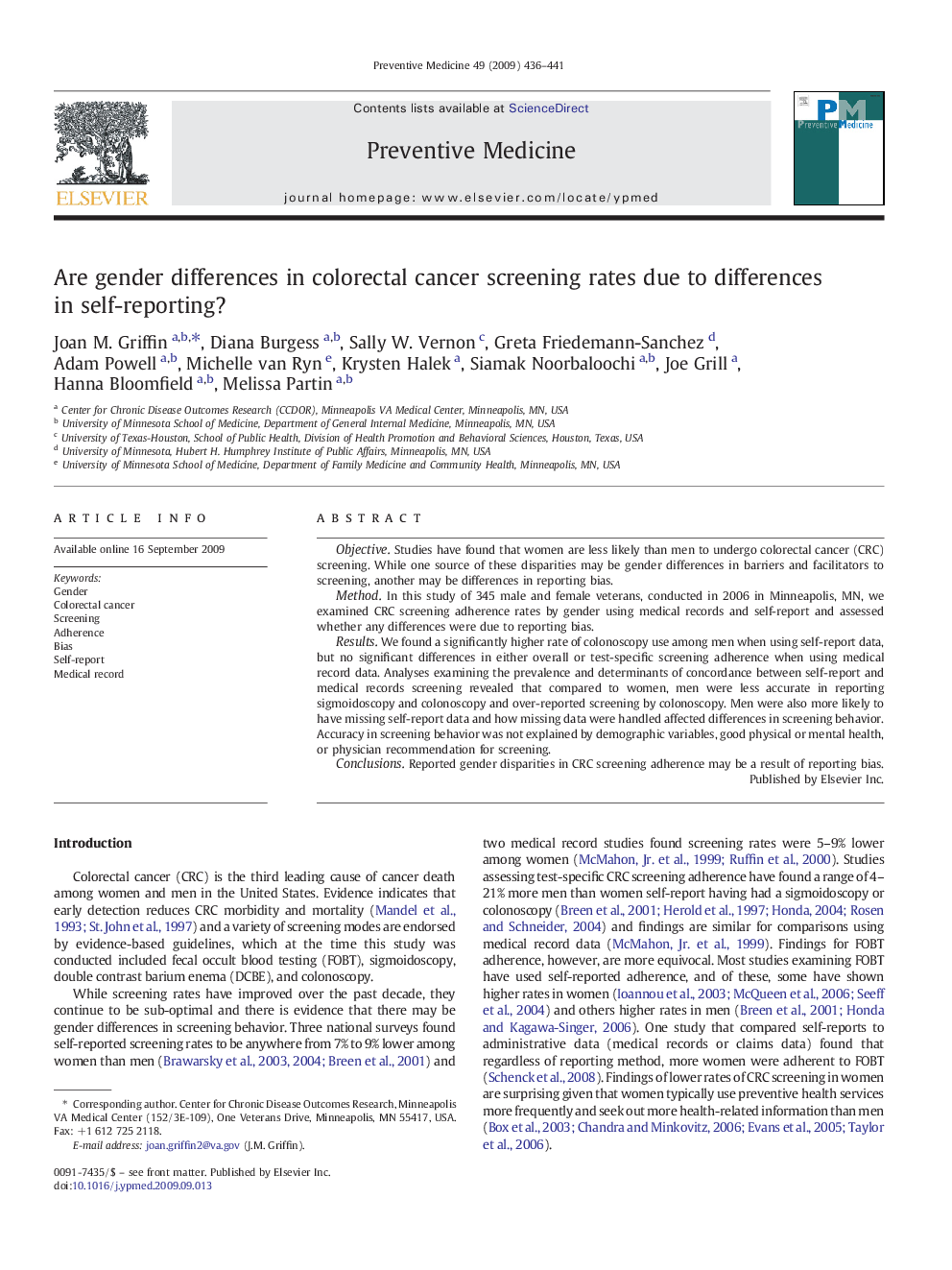 Are gender differences in colorectal cancer screening rates due to differences in self-reporting?