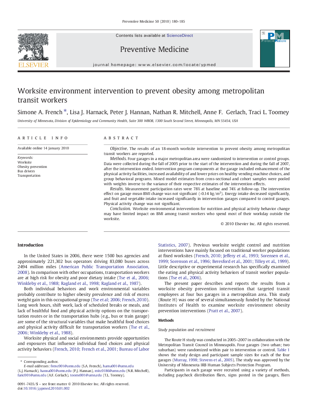 Worksite environment intervention to prevent obesity among metropolitan transit workers