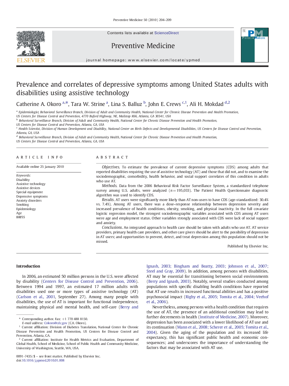 Prevalence and correlates of depressive symptoms among United States adults with disabilities using assistive technology