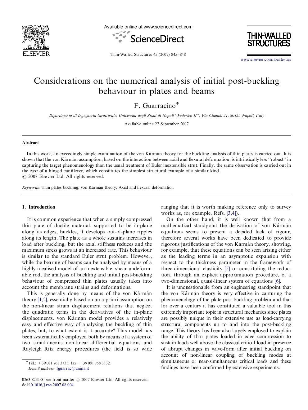 Considerations on the numerical analysis of initial post-buckling behaviour in plates and beams