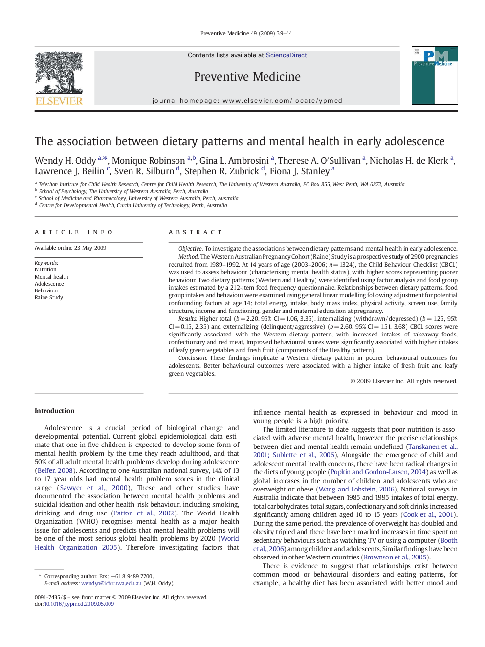 The association between dietary patterns and mental health in early adolescence