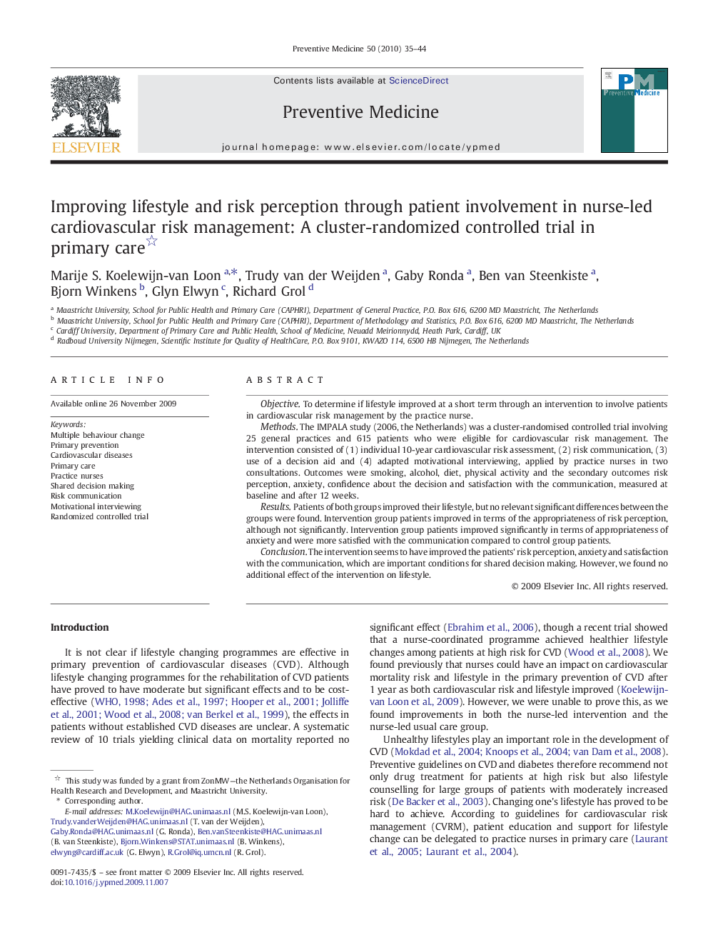 Improving lifestyle and risk perception through patient involvement in nurse-led cardiovascular risk management: A cluster-randomized controlled trial in primary care 