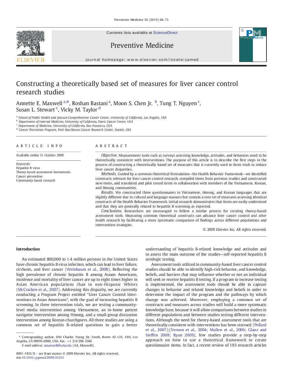 Constructing a theoretically based set of measures for liver cancer control research studies