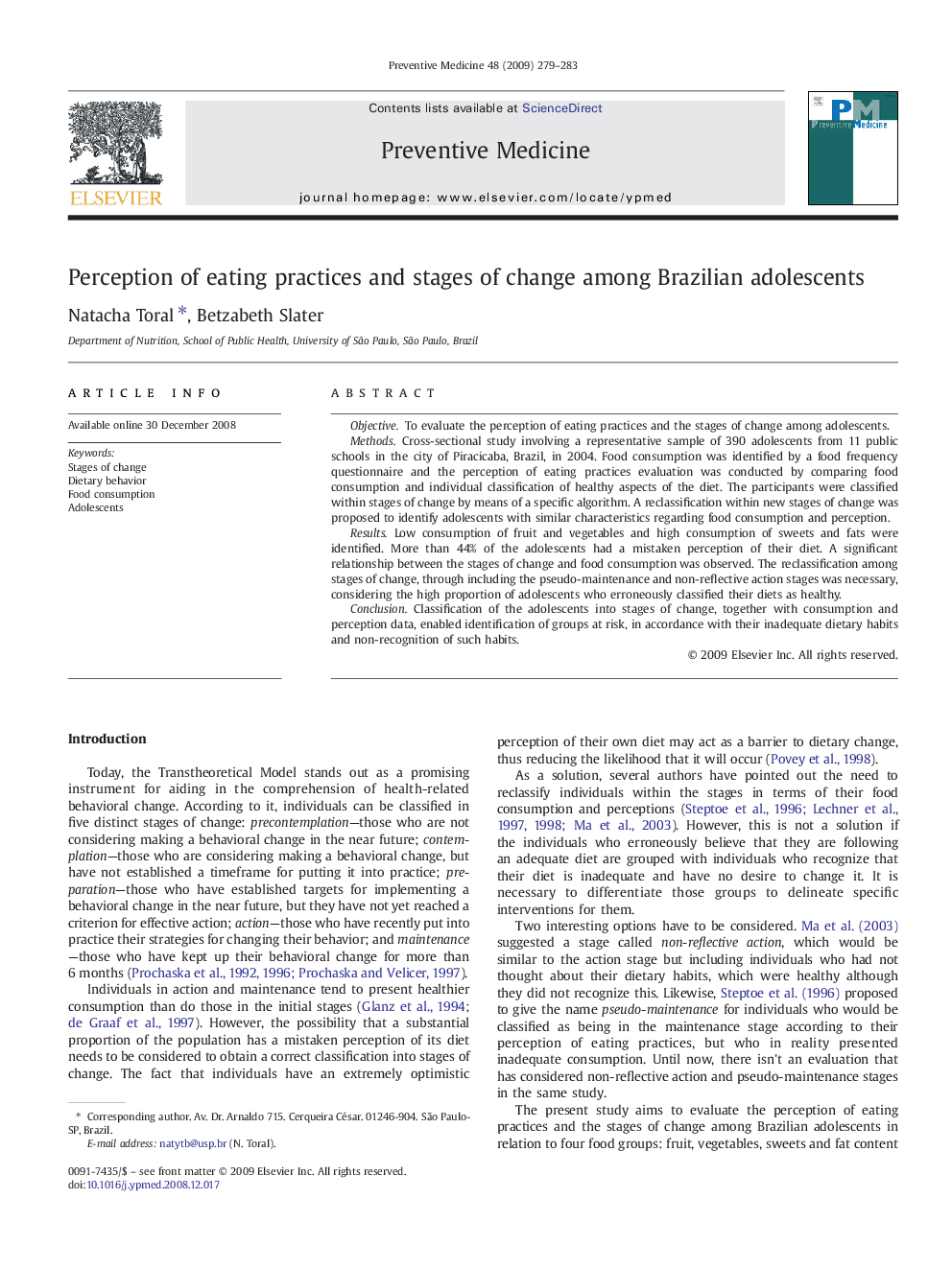 Perception of eating practices and stages of change among Brazilian adolescents