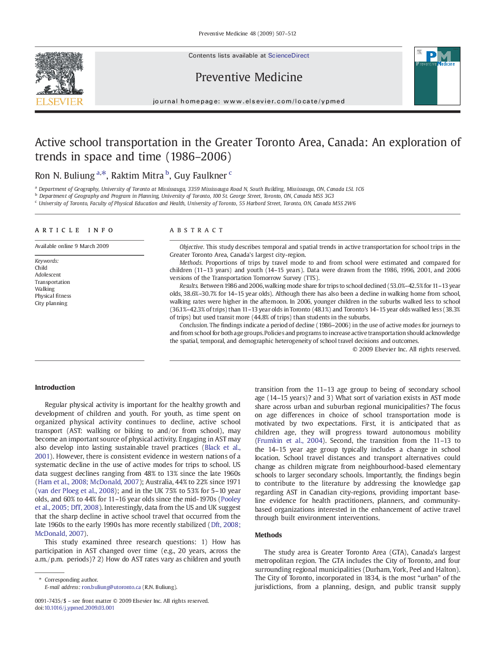 Active school transportation in the Greater Toronto Area, Canada: An exploration of trends in space and time (1986–2006)