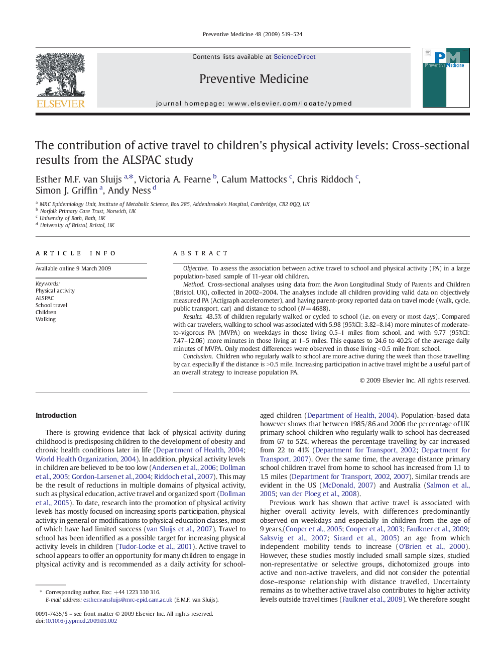 The contribution of active travel to children's physical activity levels: Cross-sectional results from the ALSPAC study