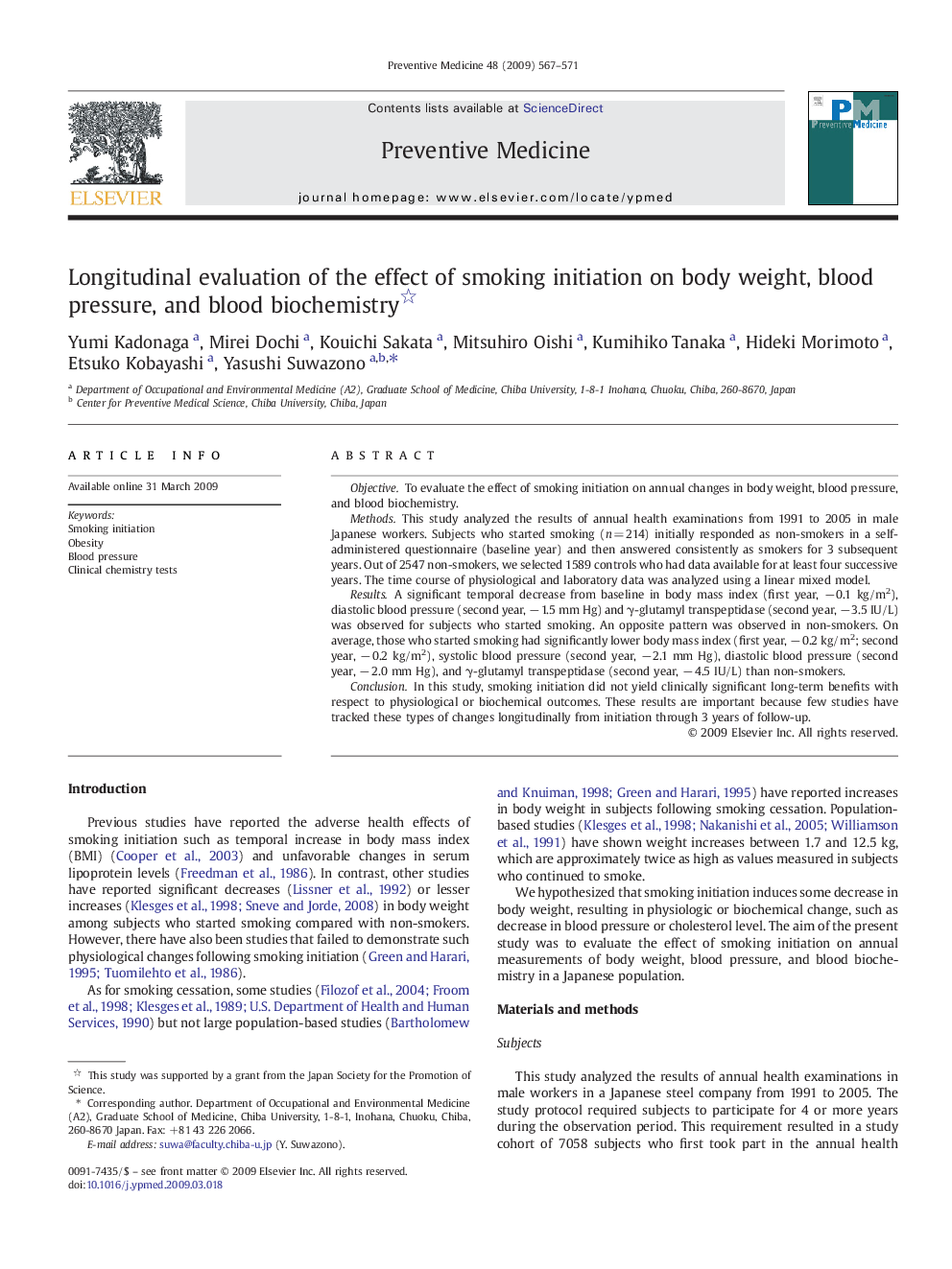 Longitudinal evaluation of the effect of smoking initiation on body weight, blood pressure, and blood biochemistry 