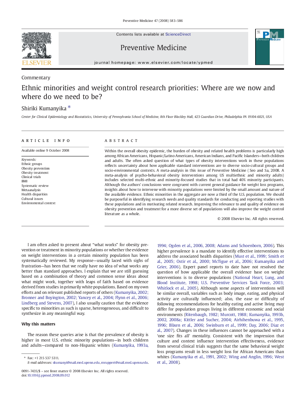 Ethnic minorities and weight control research priorities: Where are we now and where do we need to be?