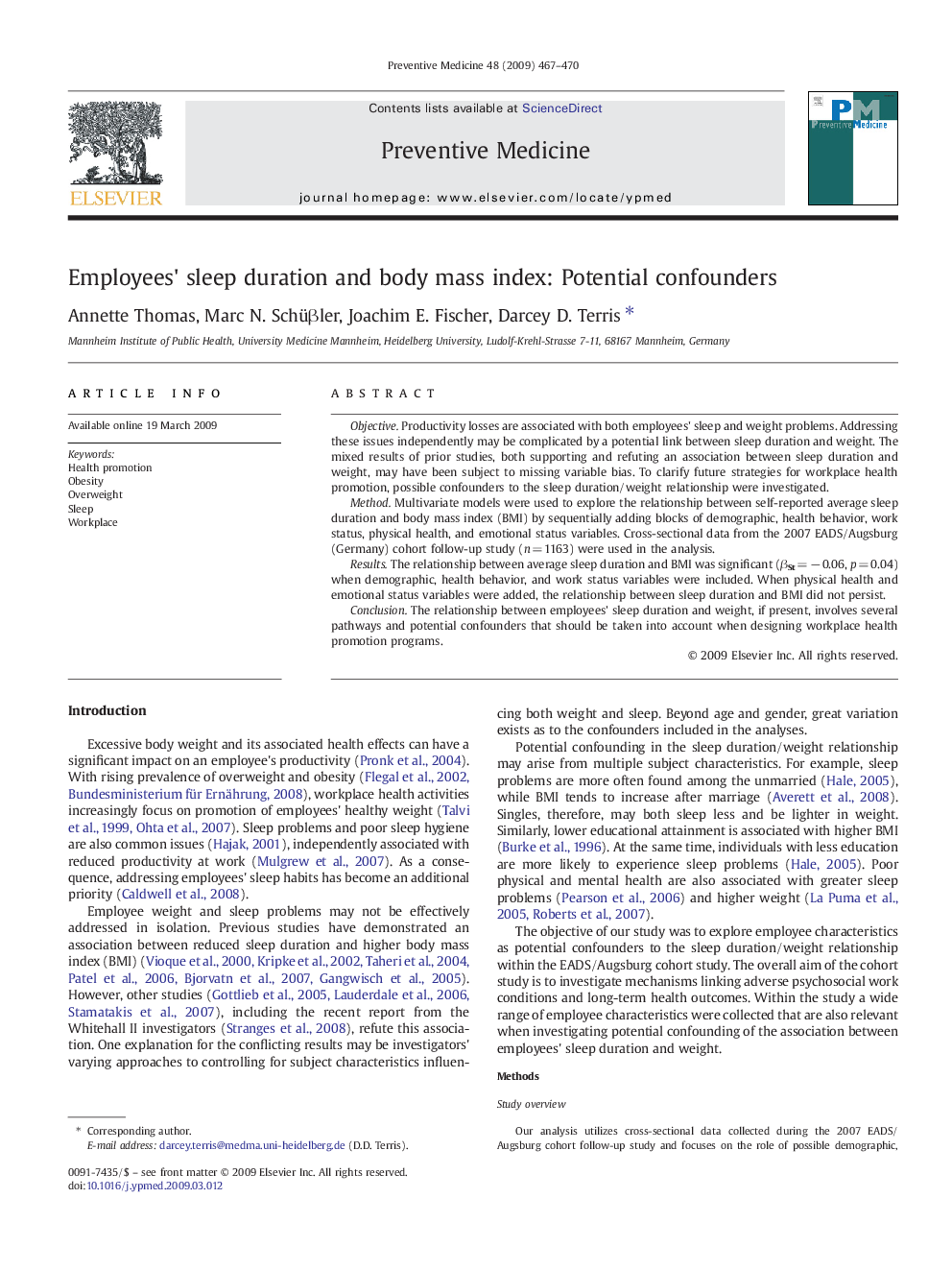 Employees' sleep duration and body mass index: Potential confounders