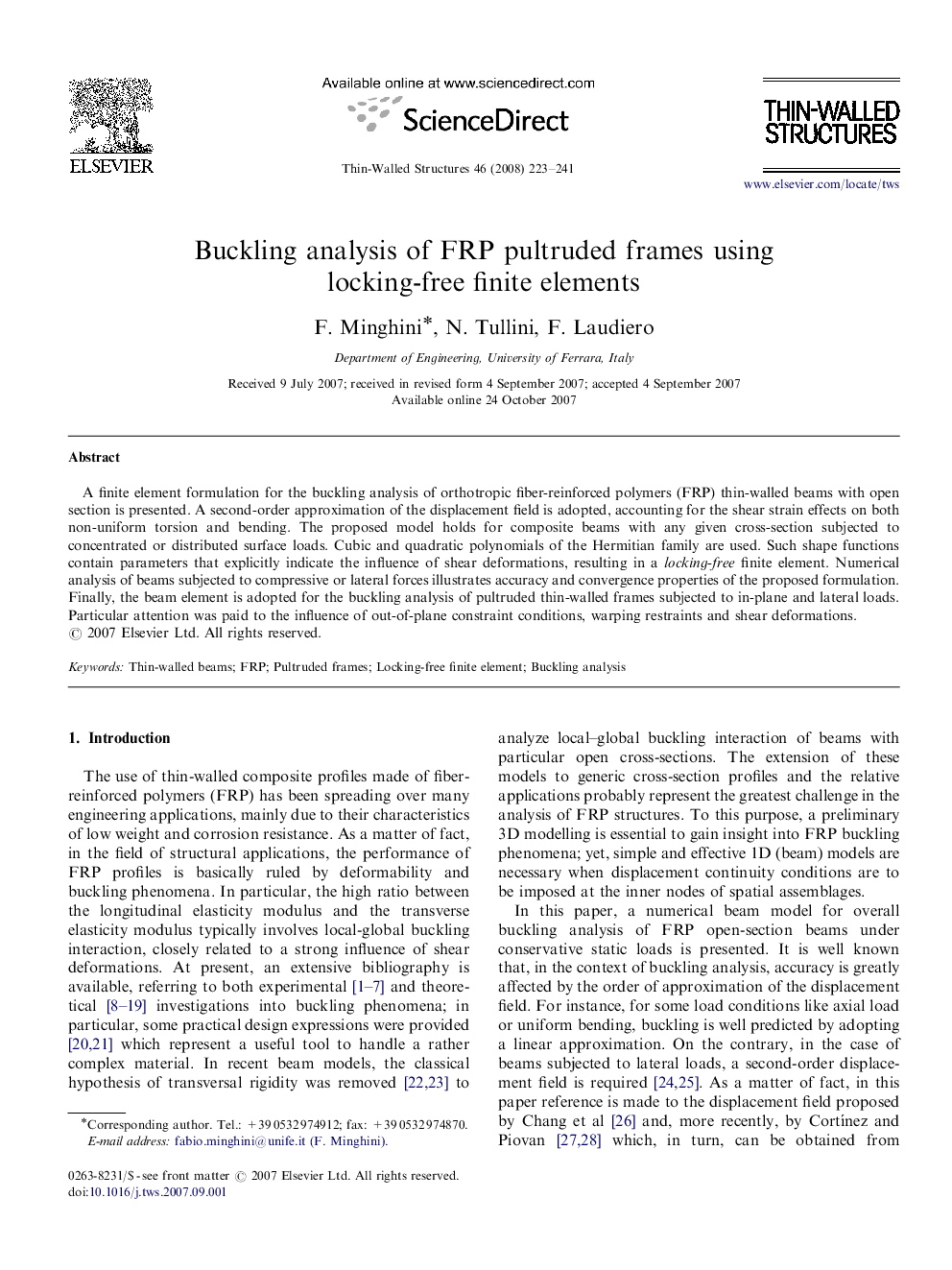 Buckling analysis of FRP pultruded frames using locking-free finite elements